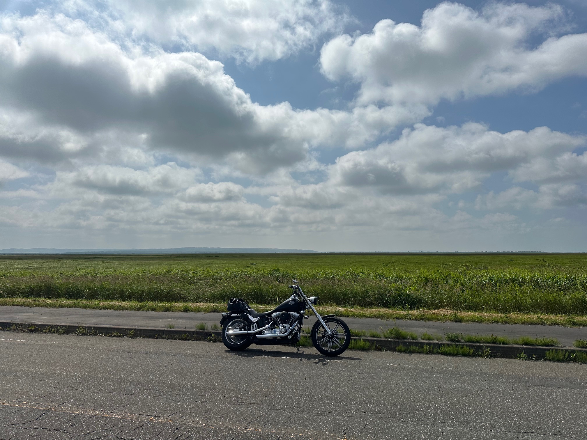 北海道エサヌカ線の直線道路とVツインバイクのツーリング風景