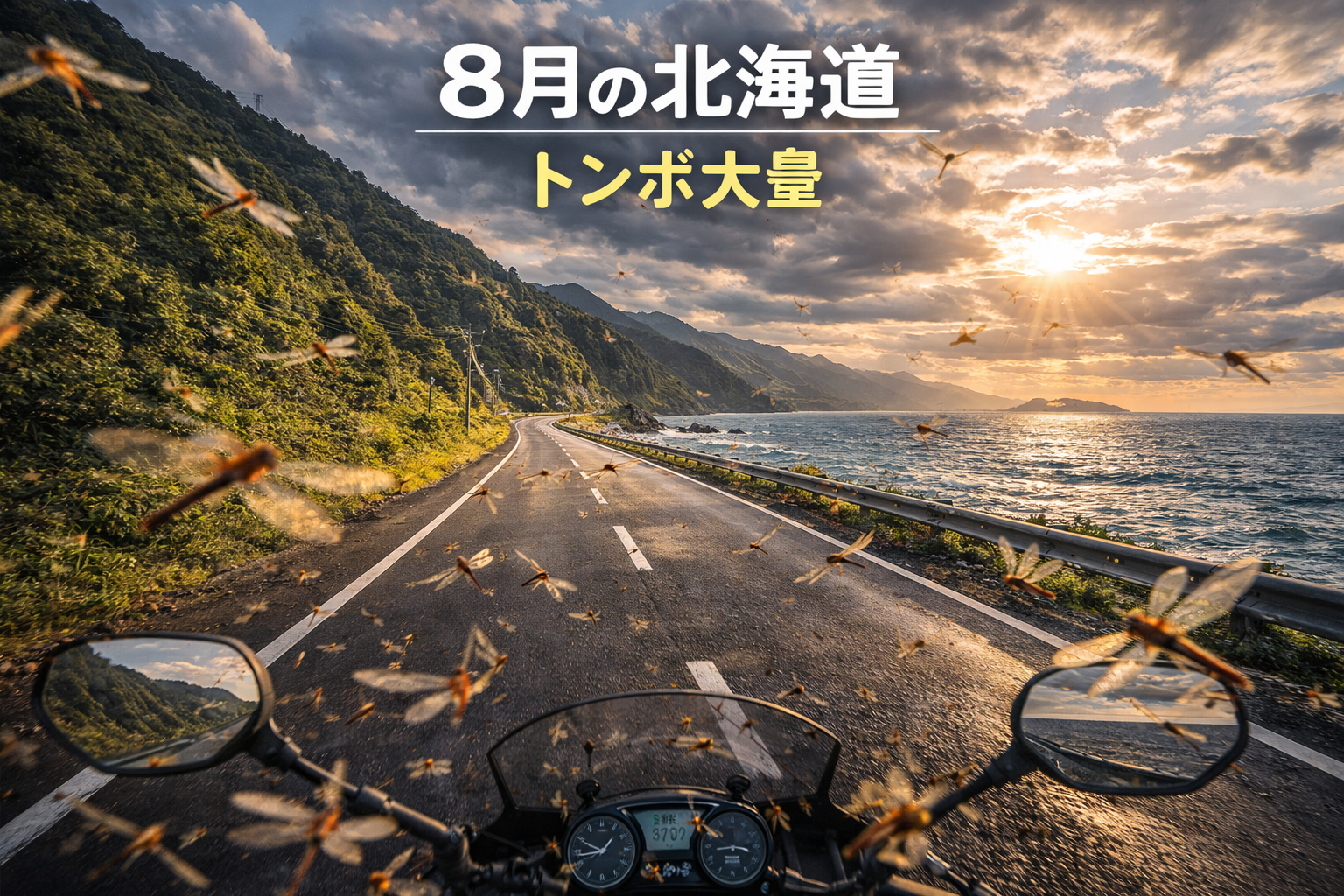 8月の北海道日本海側海岸道路で大量に飛ぶトンボとツーリング風景