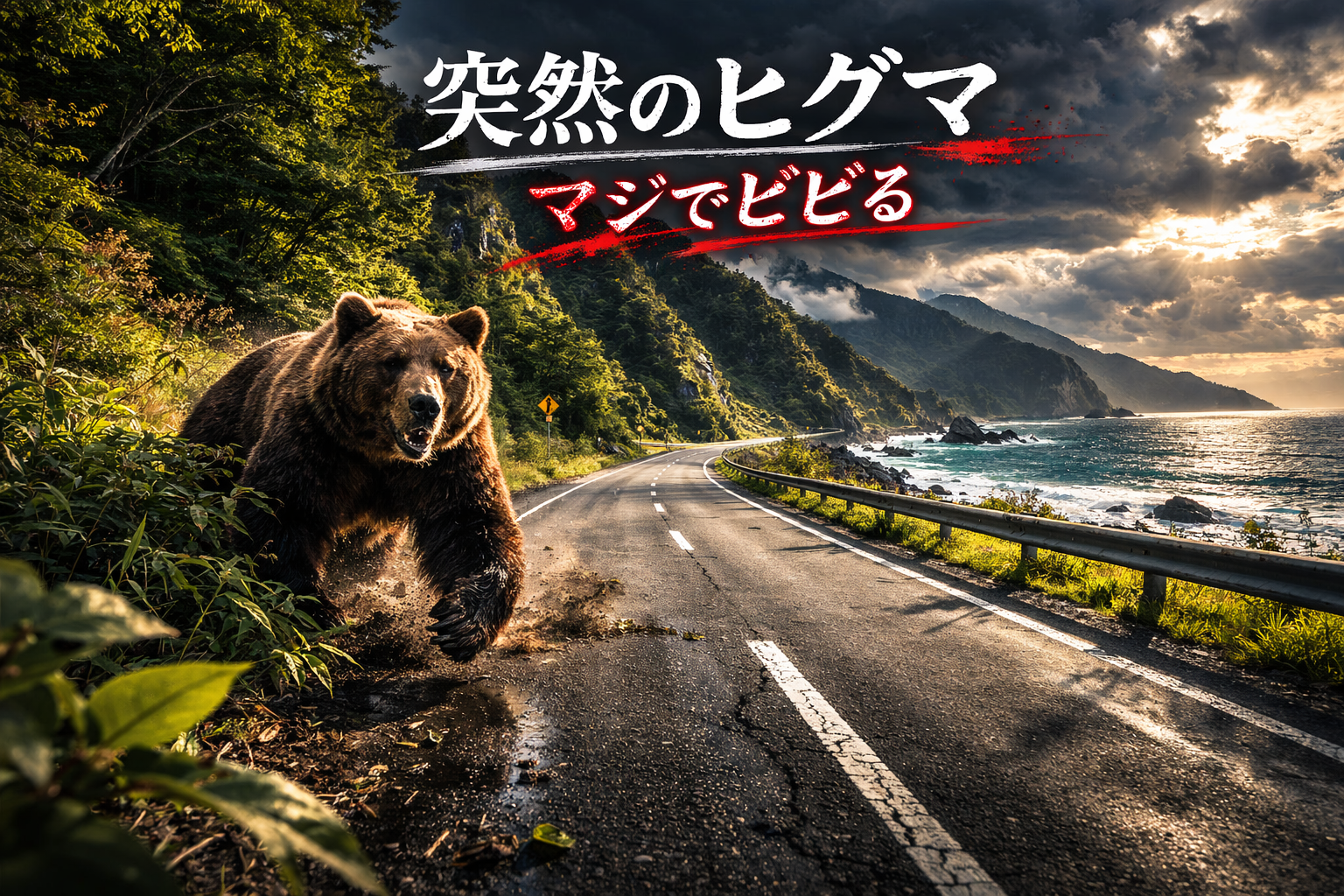 北海道の海岸国道の山側から突然現れたヒグマの遭遇シーン