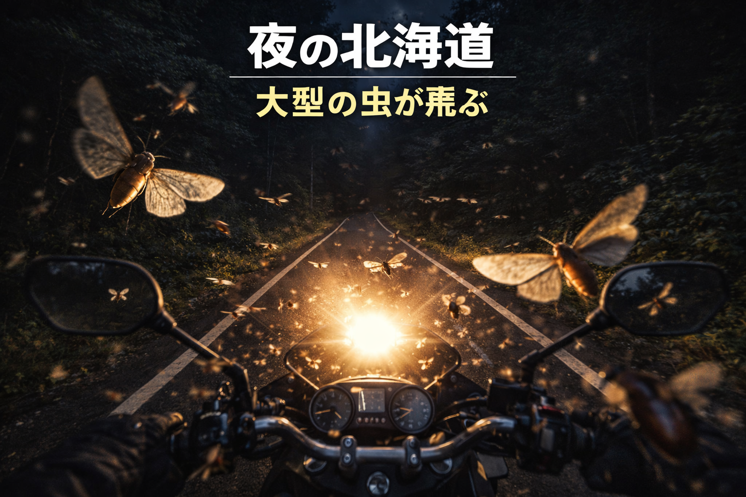 夜の北海道の山道でヘッドライトに集まる大型の蛾や昆虫とバイク走行シーン