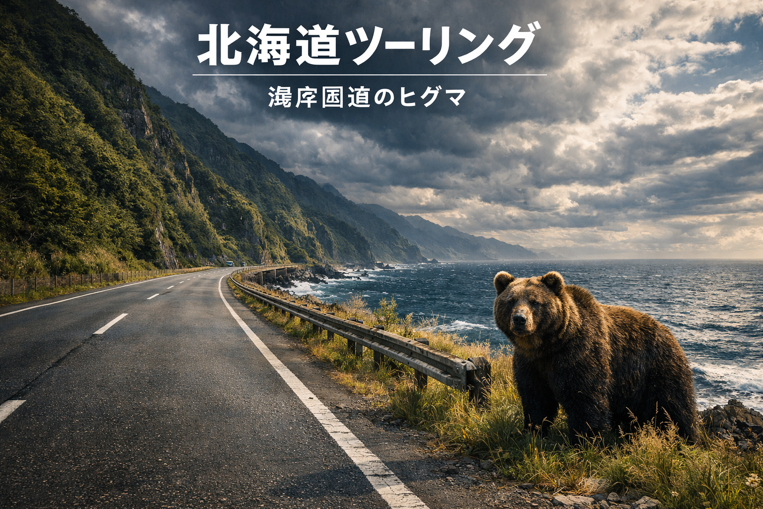 北海道の日本海側海岸国道に現れたヒグマとツーリングルートの風景