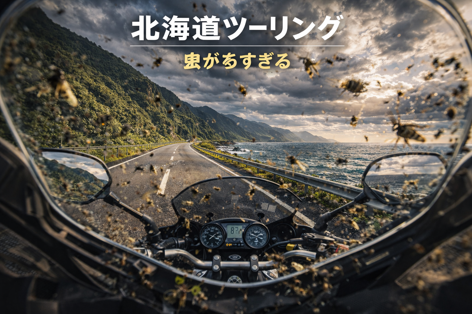 北海道ツーリング中に大量の虫がヘルメットのシールドに当たる日本海側海岸道路の風景