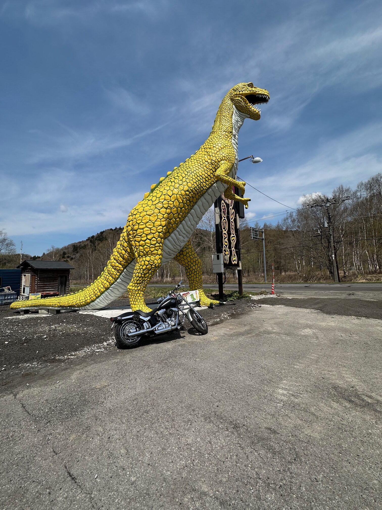 大滝村美笛峠の恐竜マイケルとVツインバイク（北海道ツーリングスポット）