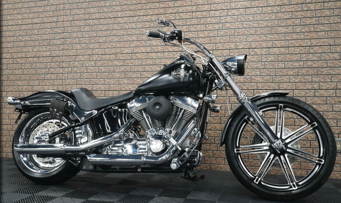 ハーレーダビッドソン ソフテイルTC96カスタム車両のサイドビュー(ロングフォーク・21インチフロント)